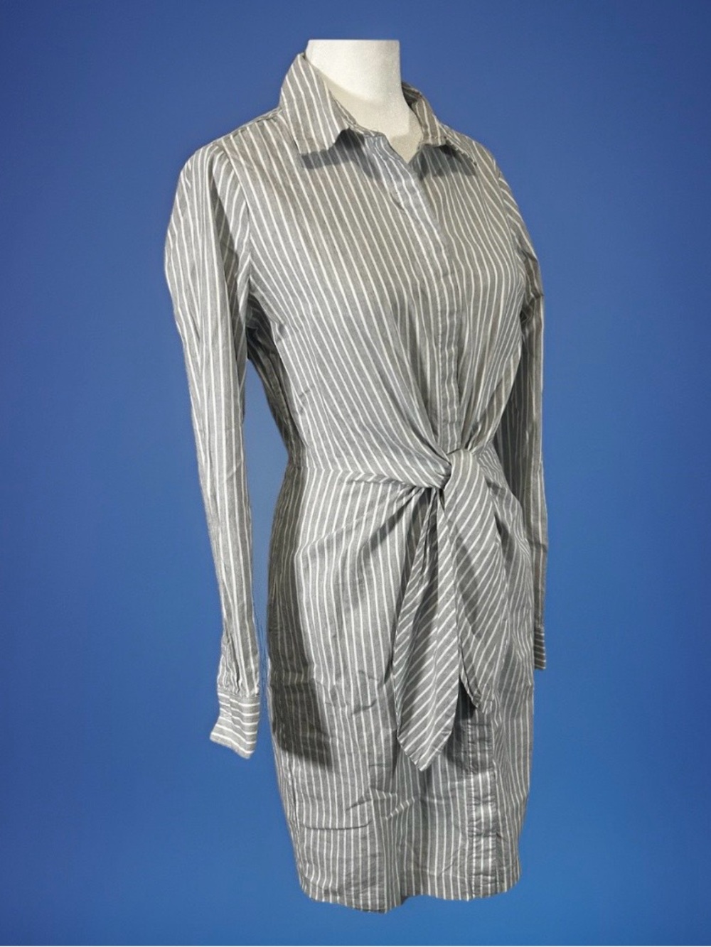 Calvin Klein Shirt Dress Gray White Striped Tie-Front Minimalist